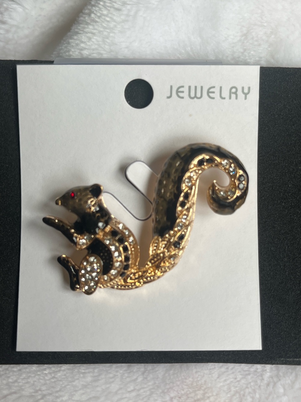 Gold and Black Squirrel Brooch Pin with Crystal Accents